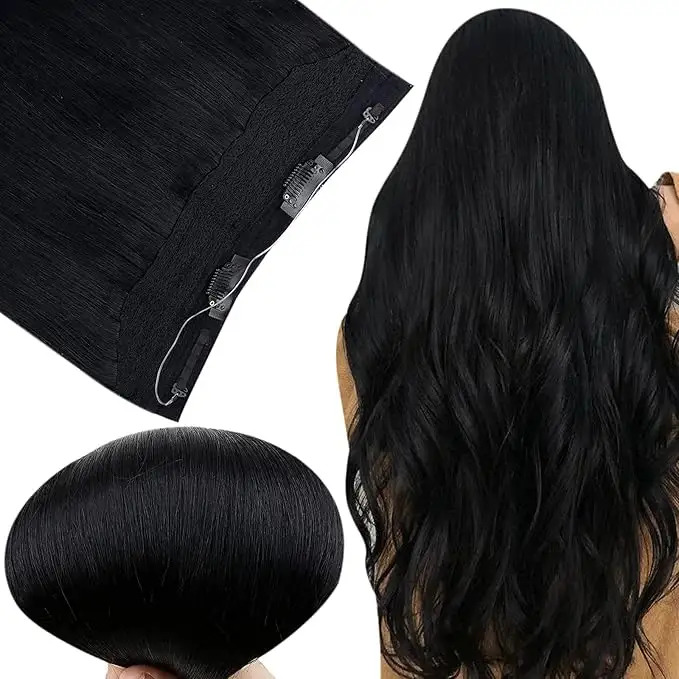 Zed Black Color Remy Hair Double machine Weft Clip- in Wire Fish Line Real Hair Extension 18 inch
