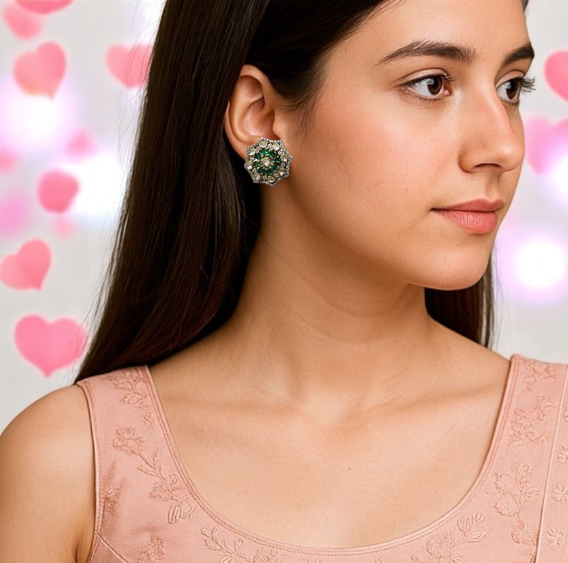 925 Sterling Silver Emerald Stud Earrings with Moissanite  Handcrafted in Jaipur, India