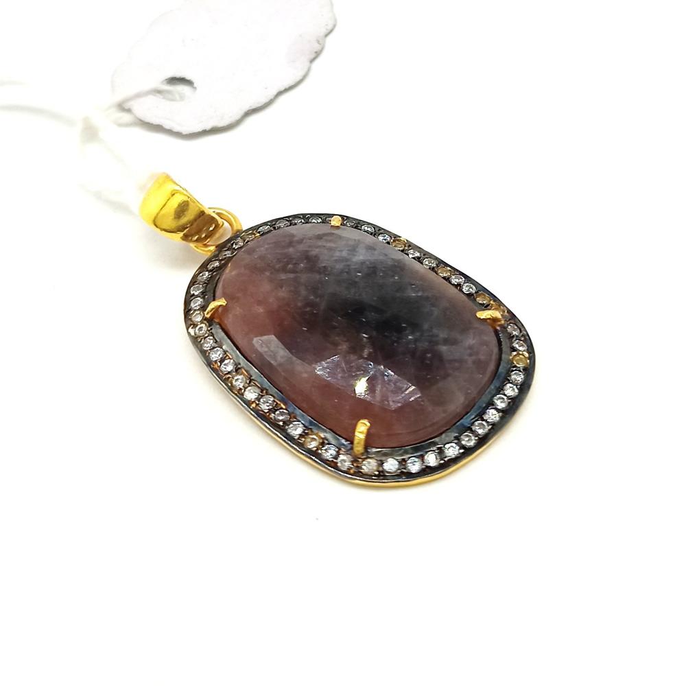 Ruby & White Topaz Pendant In 925 Silver, Gold Plated, 25.5 Ct Jaipur Make - Shape: Oval