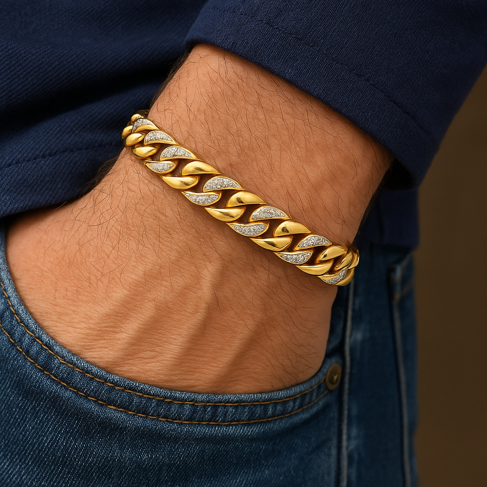 Pave Diamond 925 Sterling Silver Bracelet With Gold Plating Custom Sizes & Gemstone Options Available - Gender: Men