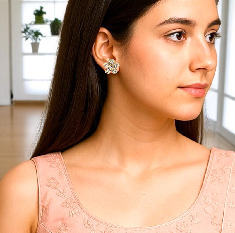 14K Gold Diamond Stud Earrings | 0.87 Ct I-J Color SI Clarity | Rose, White & Yellow Gold | Fine Pave Setting Studs | Jaipur Exporter