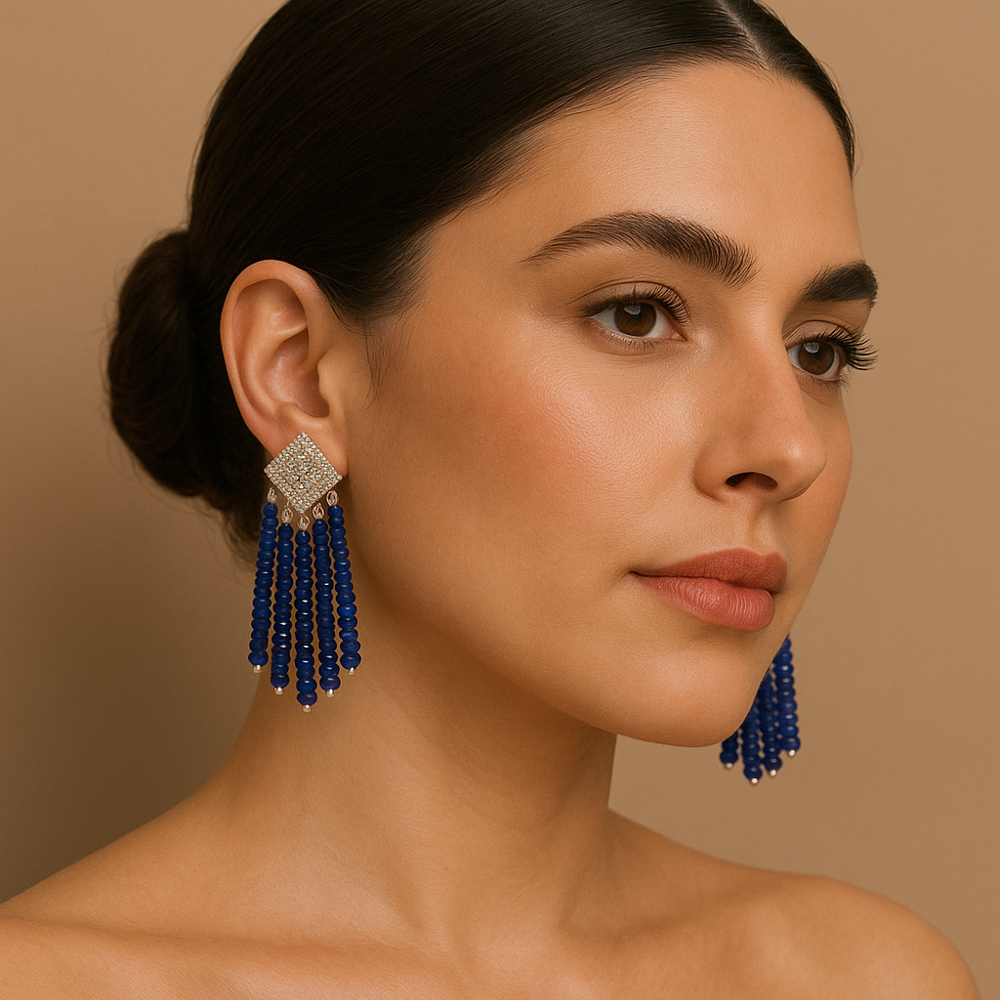 14K White Gold Earrings with 1.38 Ct Diamonds & Blue Sapphire Beads | 2.6 Inch Customizable Fine Jewelry from Jaipur