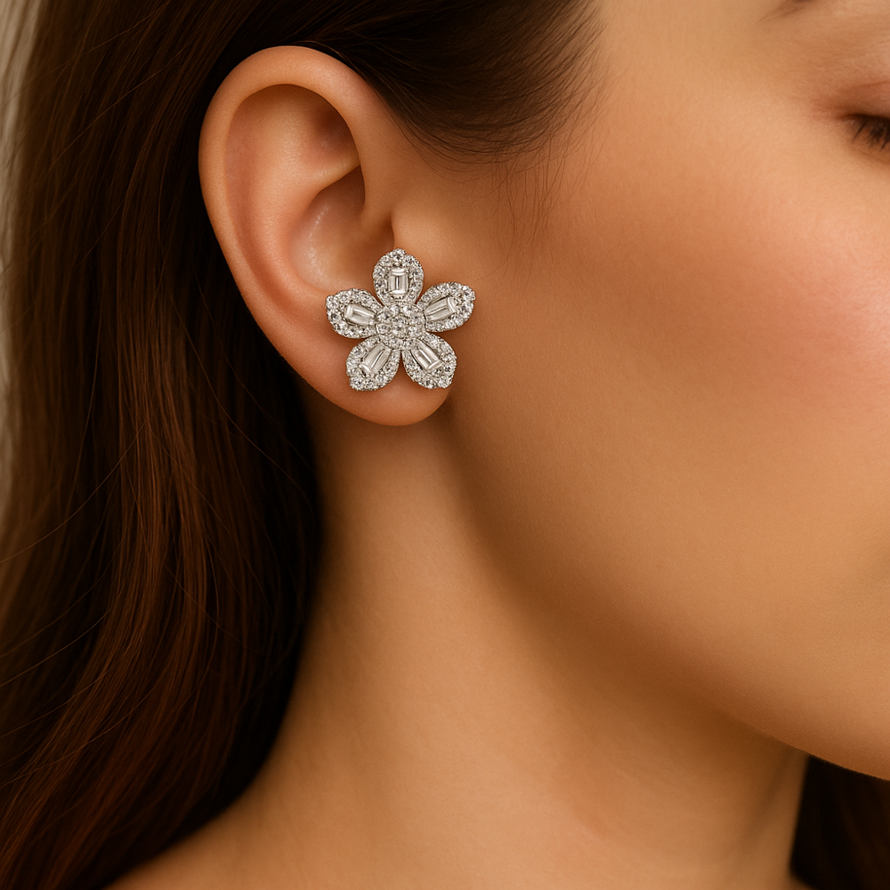 14K White Gold Diamond Stud Earrings | 1.80 Ct Baguette & Round Diamonds | VS-SI Clarity | Handmade