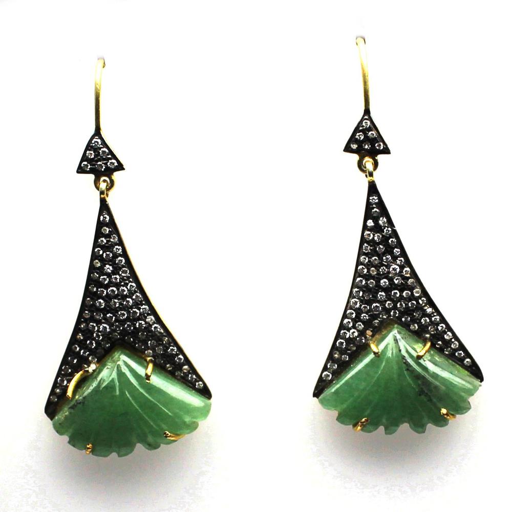 Carved Gemstone Pave Diamond Silver Earring