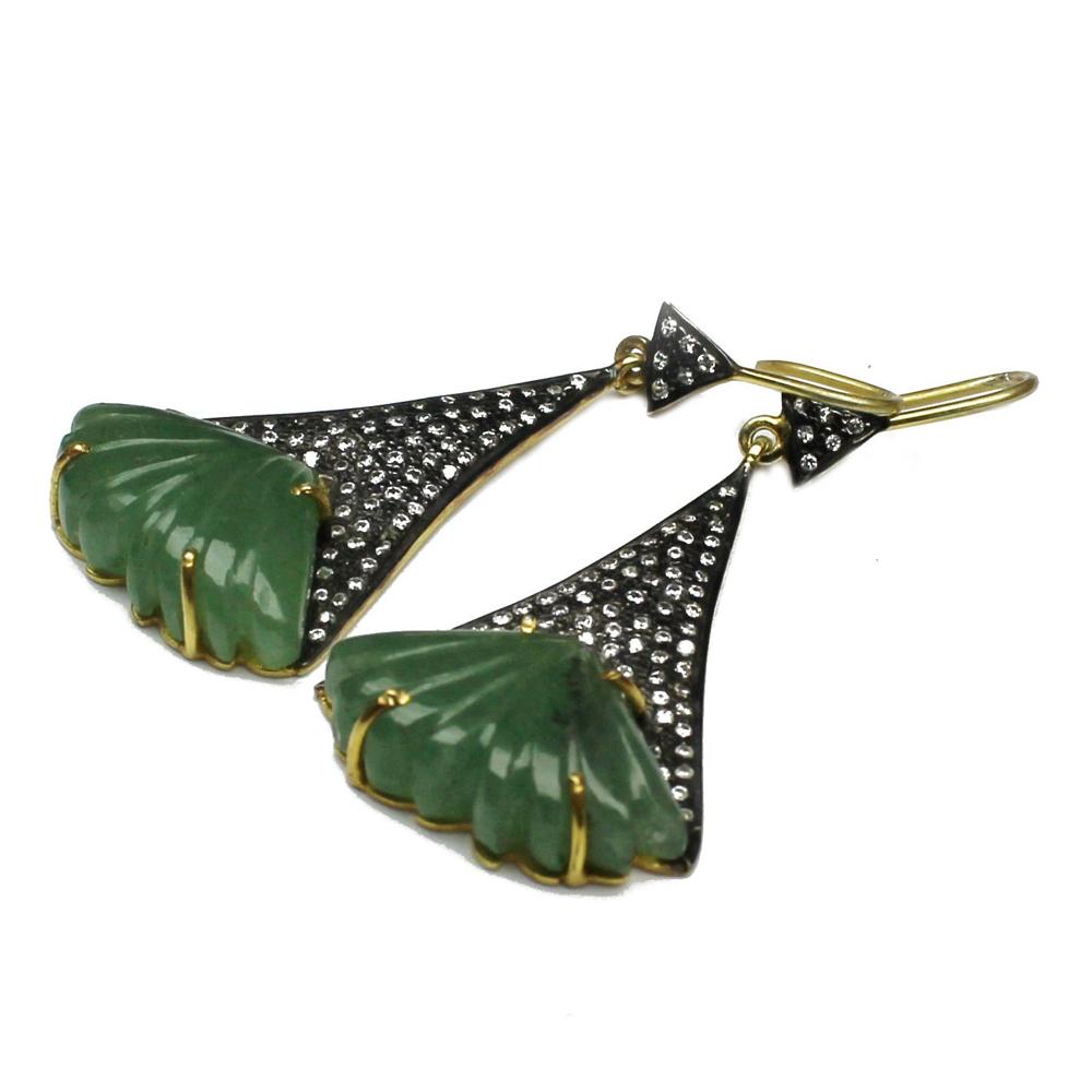 Carved Gemstone Pave Diamond Silver Earring