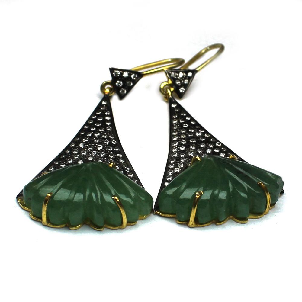 Carved Gemstone Pave Diamond Silver Earring