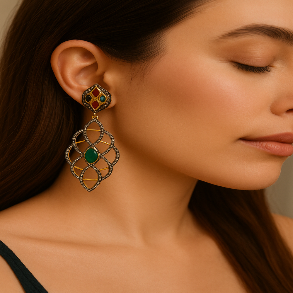 925 Sterling Silver Victorian Dangle Earrings with Natural Diamonds & Lab Emerald, Sapphire, Ruby | 3.2 Inch Handmade Jewelry from Jaipur