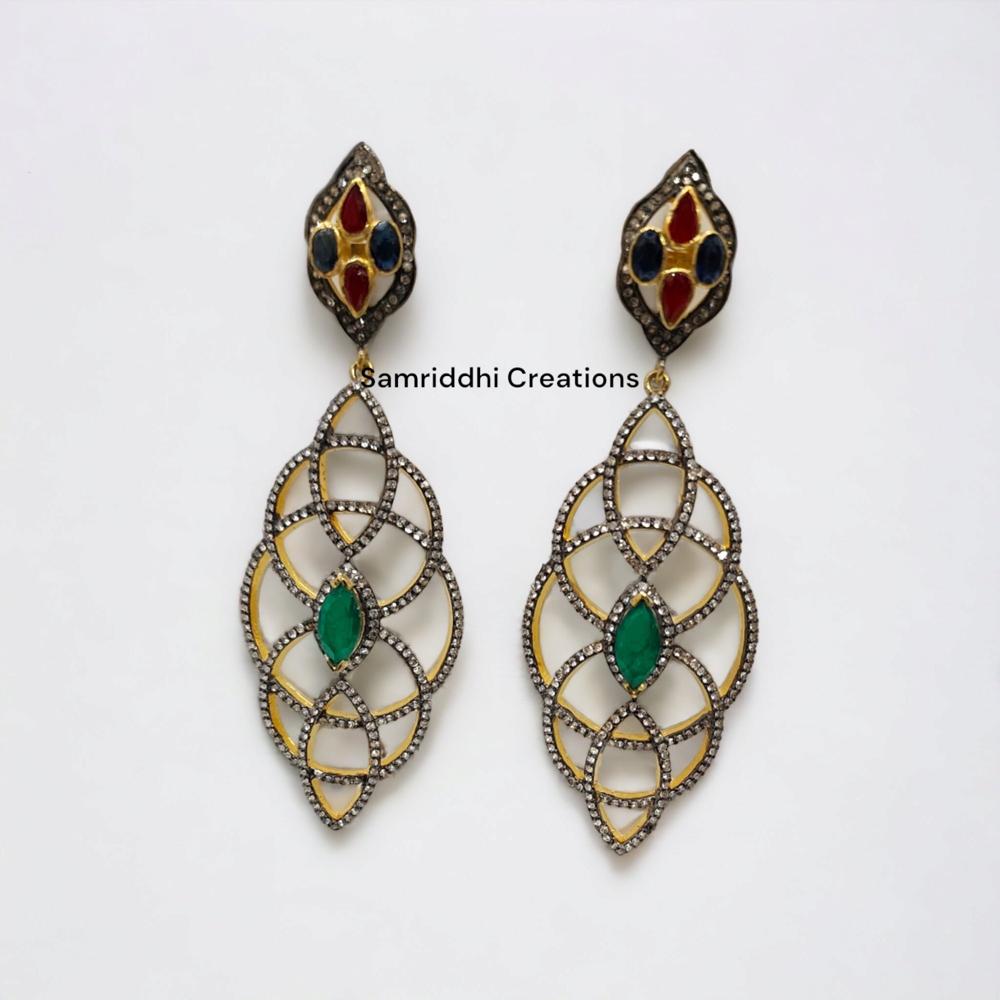 925 Sterling Silver Victorian Dangle Earrings With Natural Diamonds & Lab Emerald, Sapphire, Ruby | 3.2 Inch Handmade Jewelry From Jaipur - Diamond Cut: Excellent