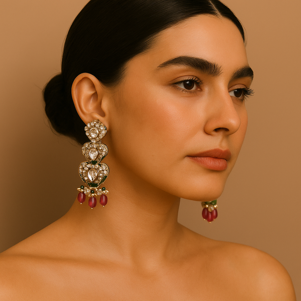 925 Sterling Silver Dangle Drop Earrings with Moissanite, Lab Emerald & Tourmaline | 3.2 Inch Handcrafted Jewelry from Jaipur