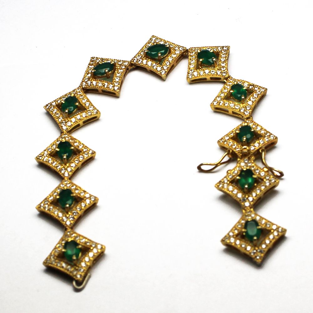 Emerald Silver Bracelet - 4.20 Carats Fine Green Emerald, 7.5 Inches Length | Antique Charm, White Topaz Pave, Secure Box Lock System