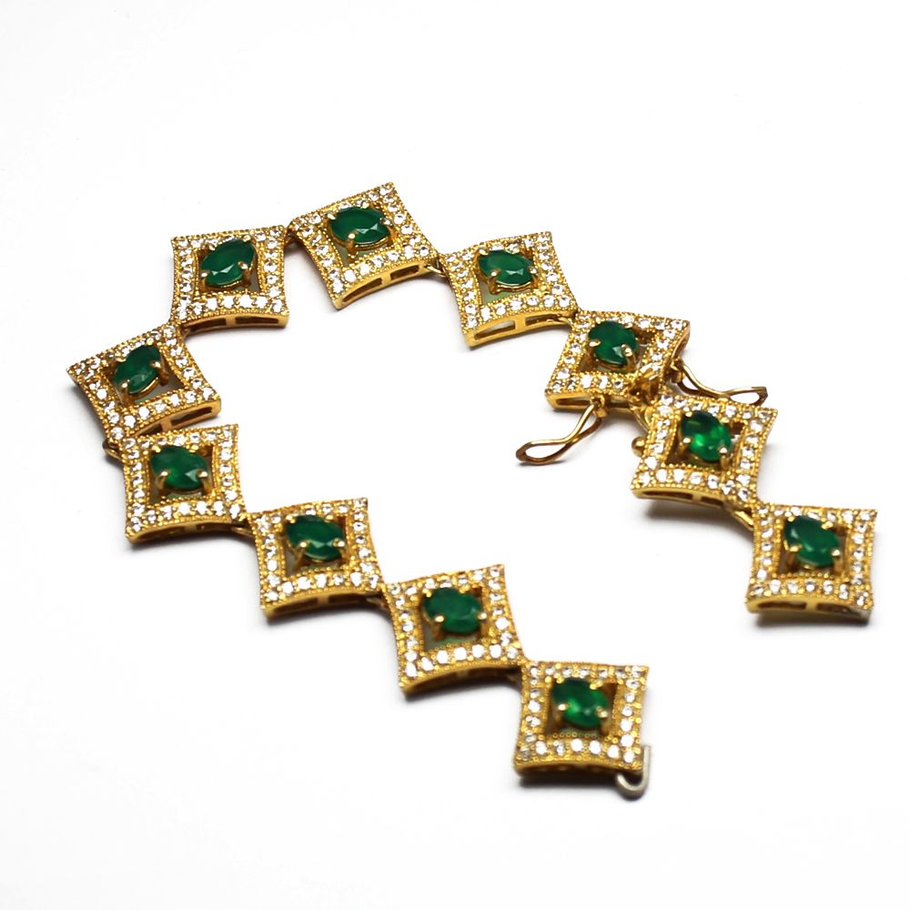 Emerald Silver Bracelet - 4.20 Carats Fine Green Emerald, 7.5 Inches Length | Antique Charm, White Topaz Pave, Secure Box Lock System