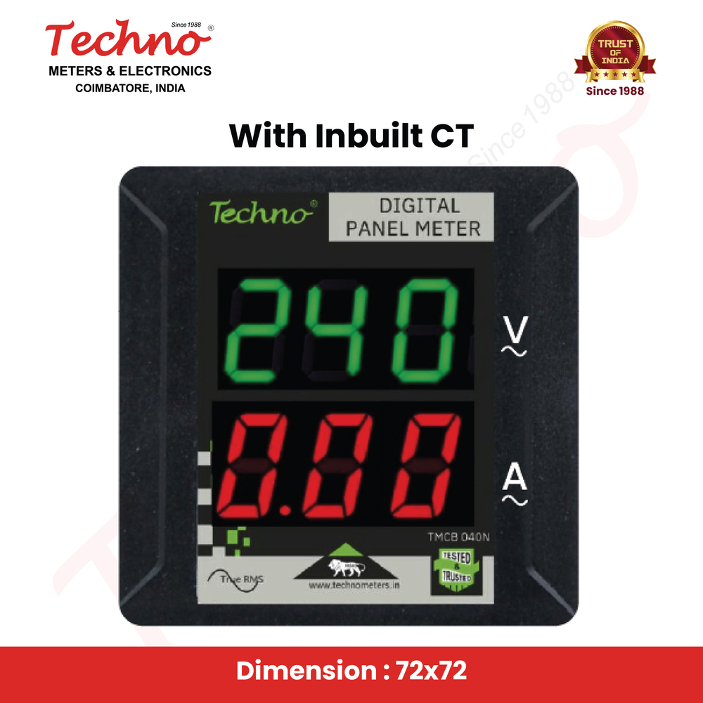 Volt Amp Meter - Polycarbonate, 72x72 Mm Size | Class 1 Accuracy, Built-in Ct For Up To 40a, Digital Led Display, High Resolution, Industrial Use