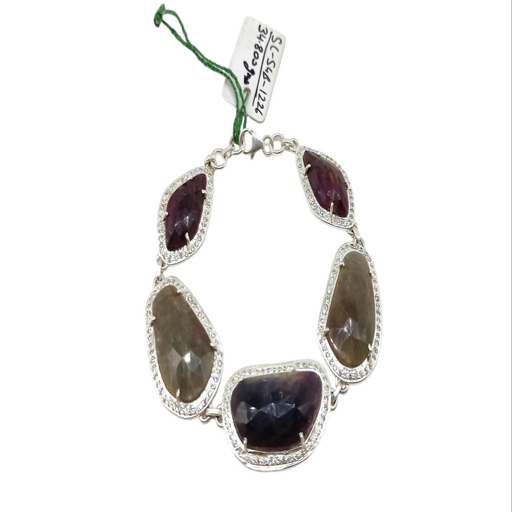 925 Sterling Silver Natural Grey Sapphire Chain Bracelet