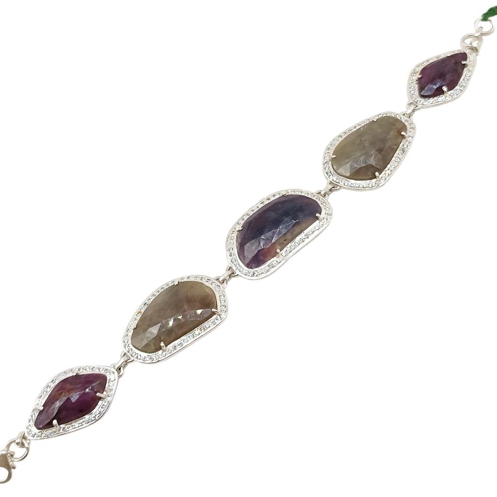 925 Sterling Silver Natural Grey Sapphire Chain Bracelet