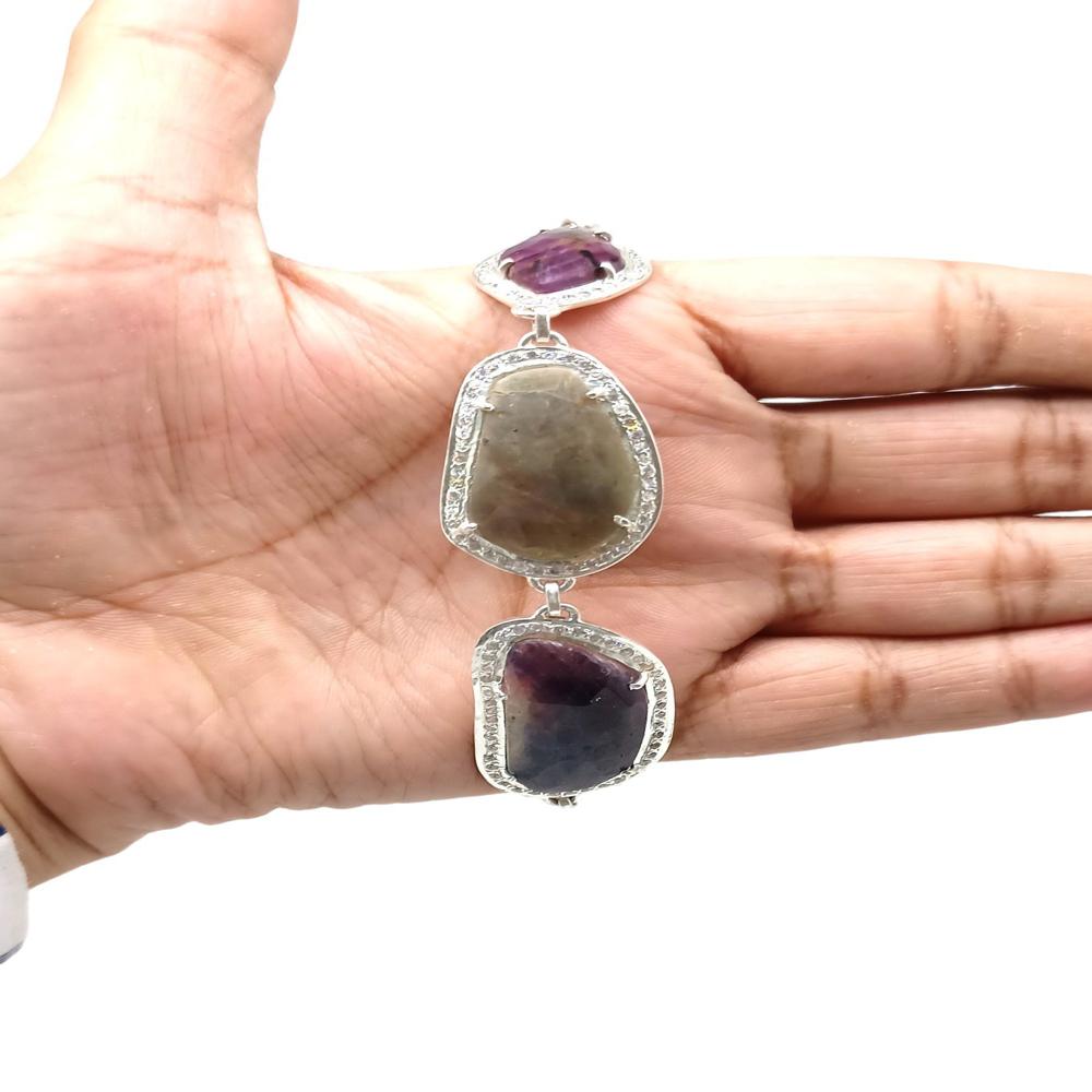 925 Sterling Silver Natural Ruby, Grey Sapphire Chain Bracelet - 24 Gms Gemstones, Lead & Nickel Free, Handmade Artistry For Comfort