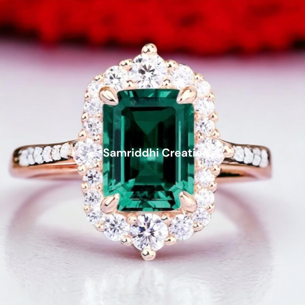 Emerald Diamond Gold Ring - 925 Sterling Silver, 6x8mm Moissanite Centerpiece , Lab-grown Emerald & Gold Plated Finishing