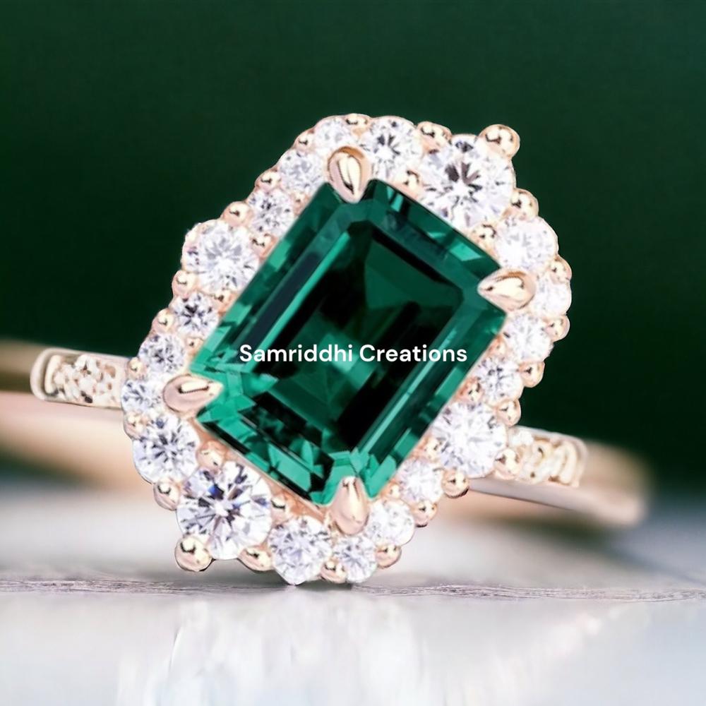 Emerald Diamond Gold Ring - 925 Sterling Silver, 6x8mm Moissanite Centerpiece , Lab-grown Emerald & Gold Plated Finishing