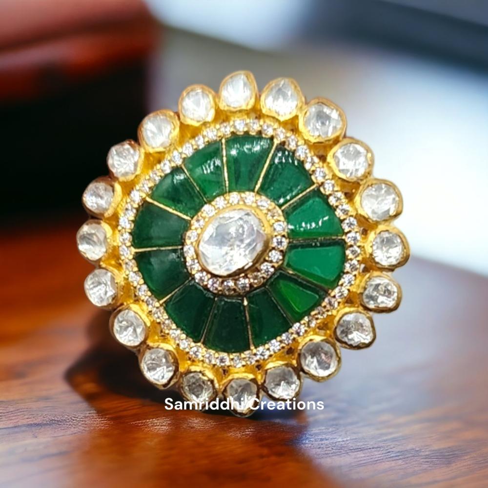 Diamond Emerald Ring - Silver With Gold Plating, 13.500 Grams Weight, 1.20 Inches Length, Sparkling Synthetic Moissanite, Vibrant Lab-made Emerald