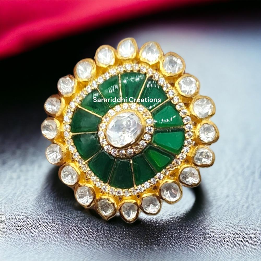 Diamond Emerald Ring - Silver With Gold Plating, 13.500 Grams Weight, 1.20 Inches Length, Sparkling Synthetic Moissanite, Vibrant Lab-made Emerald