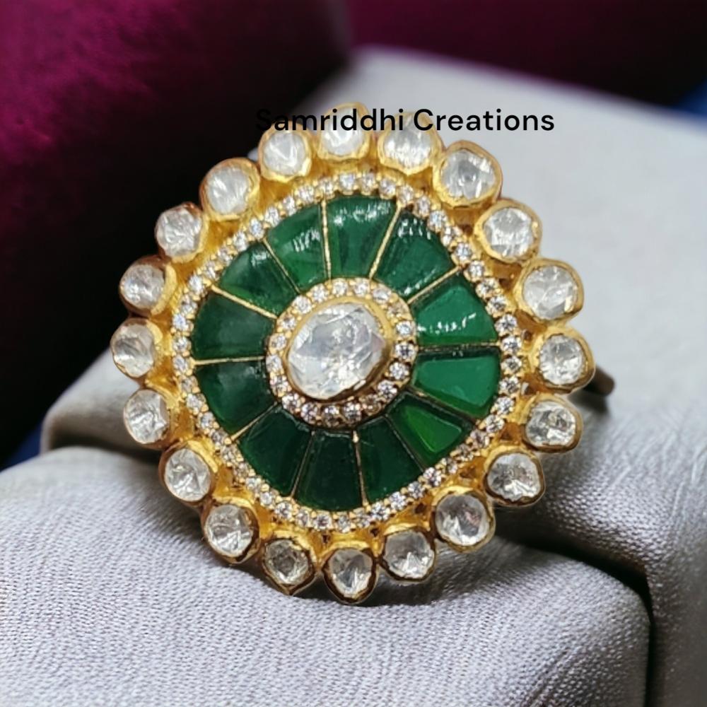 Diamond Emerald Ring - Silver With Gold Plating, 13.500 Grams Weight, 1.20 Inches Length, Sparkling Synthetic Moissanite, Vibrant Lab-made Emerald