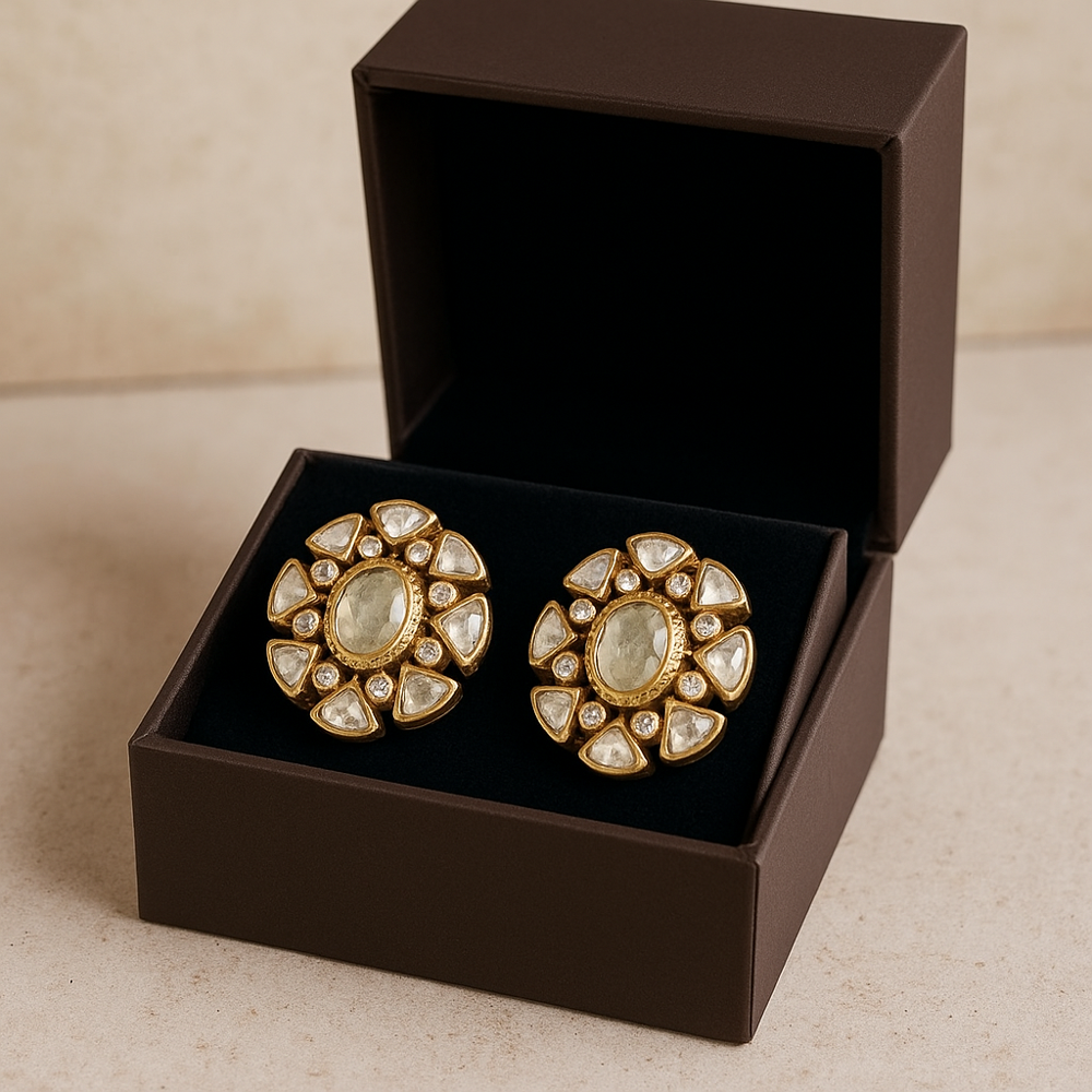 Antique Gold-Plated Sterling Silver Jewelry with White Moissanite Stones | 1.2 Inch Designer Piece Handcrafted in Jaipur, India 