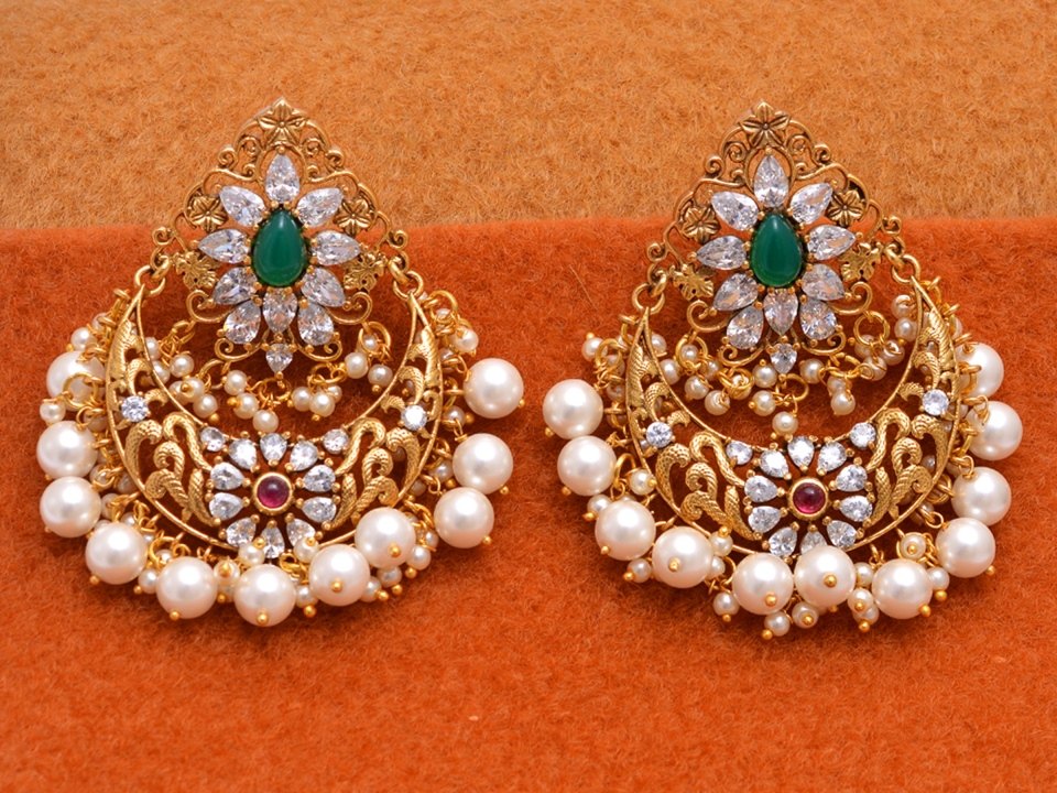Traditional Red and Green Stone CZ Earring In Gold Plated Over Sterling Silver