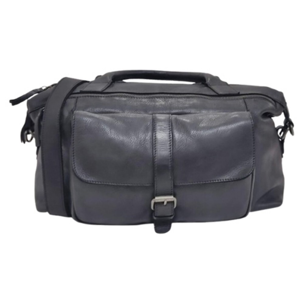 Black Leather Duffle Bag - Pattern: Plain