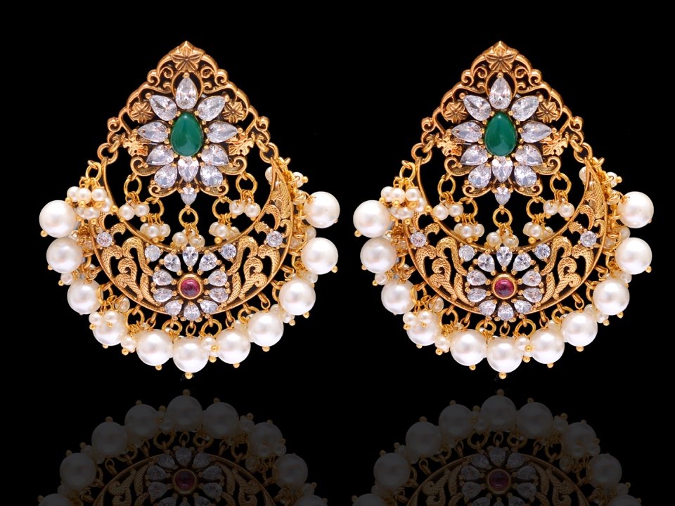 Traditional Red and Green Stone CZ Earring In Gold Plated Over Sterling Silver