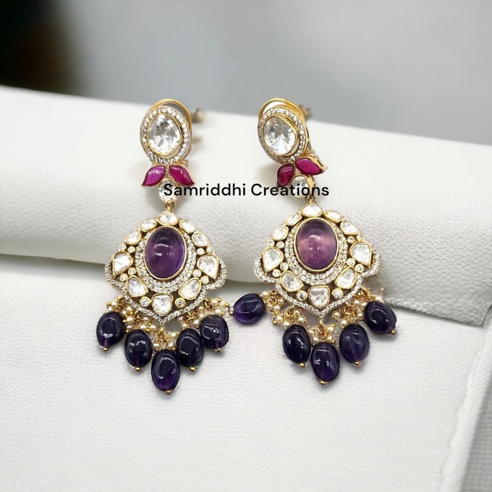Gold-Plated Silver Earrings with Natural Amethyst, Lab Ruby & Moissanite | 3.2 Inch Handcrafted Statement Jewelry from Jaipur