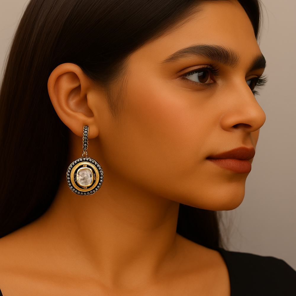 925 Sterling Silver Gold-Plated Dangle Earrings with Polki & Pave Diamonds | 1.35 Ct White Stone Designer Jewelry for Women
