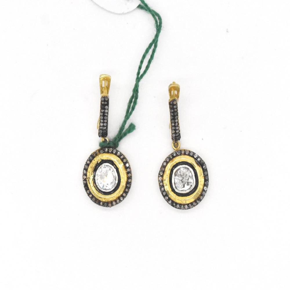 925 Sterling Silver Gold-Plated Dangle Earrings with Polki & Pave Diamonds | 1.35 Ct White Stone Designer Jewelry for Women