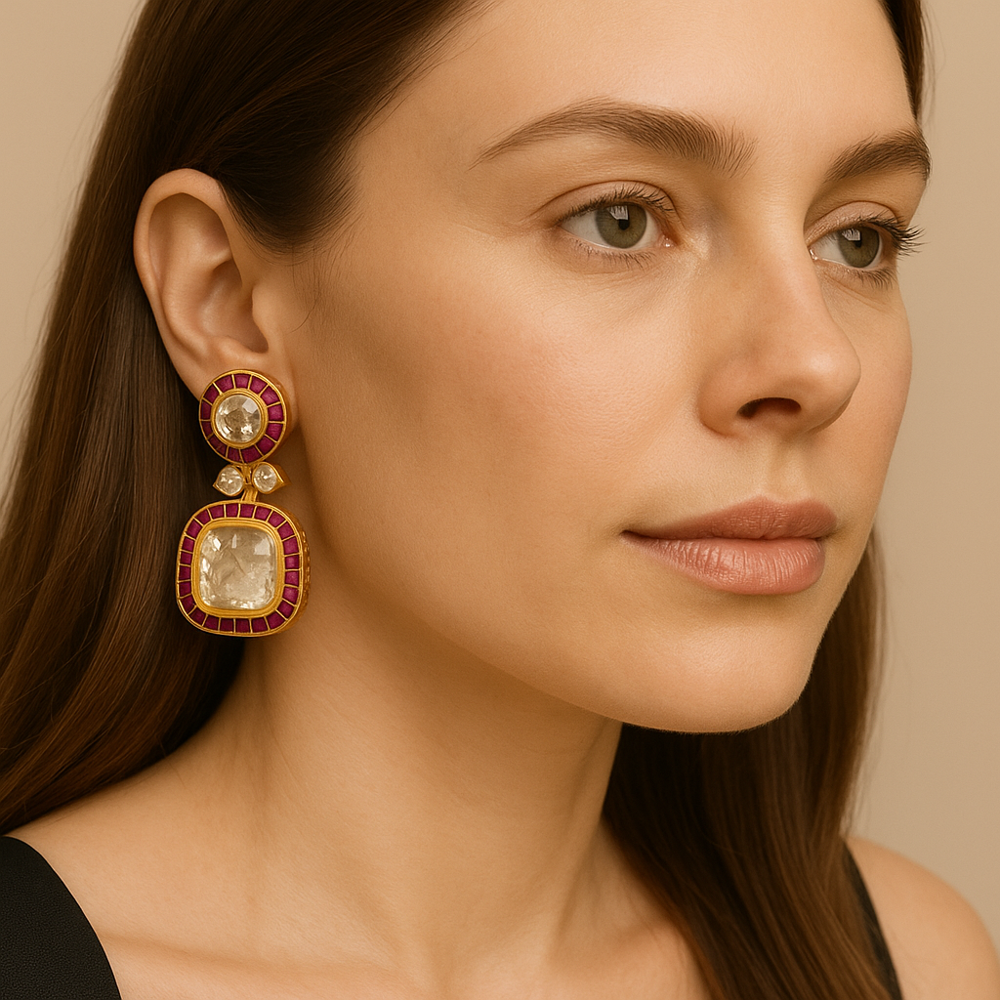 Gold-Plated Silver Dangle Drop Earrings with Synthetic Moissanite & Ruby | Asscher Cut Wedding Earrings