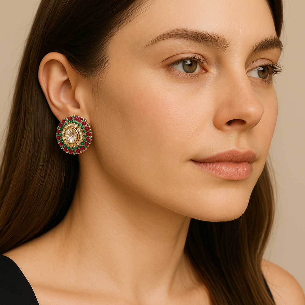 925 Sterling Silver Stud Earrings with Lab-Made Ruby & Moissanite | 1.80 Inch Handcrafted Jewelry from Jaipur, India