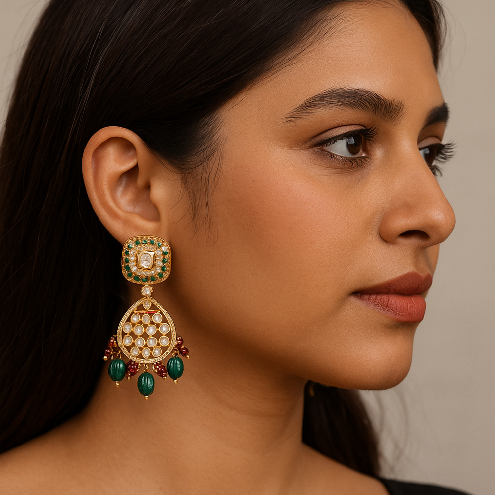 925 Sterling Silver Moissanite Dangle Earrings | Green Quartz, Ruby & CZ Options | 2.5 Inch Handcrafted Jewelry from Jaipur