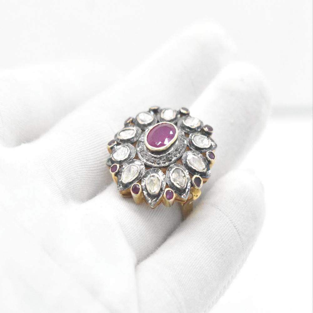 925 Sterling Silver Polki Diamond Ring, Antique Ruby Statement Ring