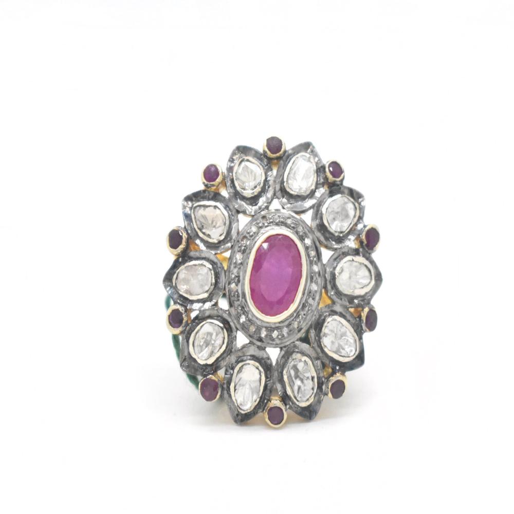 925 Sterling Silver Polki Diamond Ring - 3.83 Carats Of Rubies & Diamonds , Antique Gold Plating With Custom Sizing Options