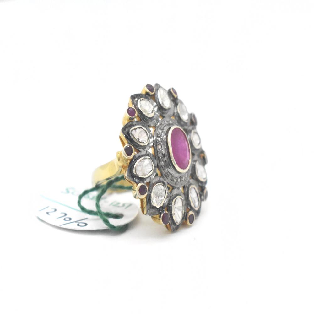 925 Sterling Silver Polki Diamond Ring, Antique Ruby Statement Ring