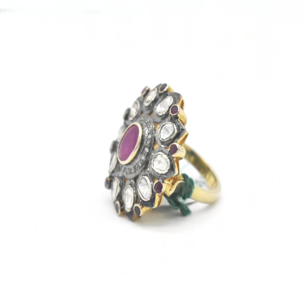 925 Sterling Silver Polki Diamond Ring - 3.83 Carats Of Rubies & Diamonds , Antique Gold Plating With Custom Sizing Options