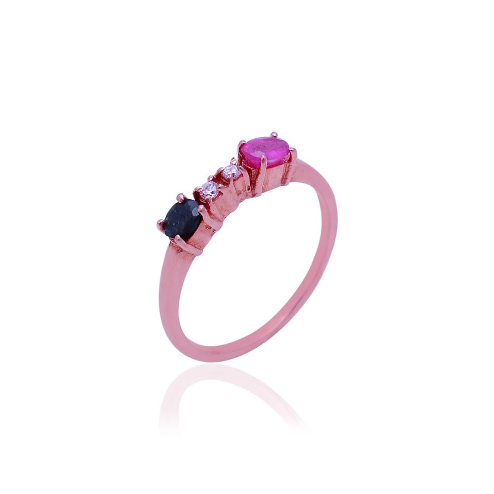 Ruby And Sapphire Minimalist Gemstone Ring - 2.25g Polished Silver With Rose Gold Plating | Ethical Natural Gemstones, Available In All Sizes