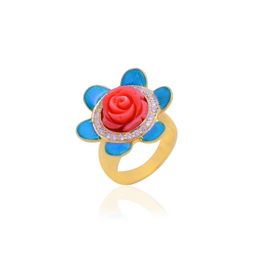 Coral Ring - 925 Sterling Silver, 8 Grams, Yellow Gold Plated | Intricate Floral Design With Vibrant Red Coral And Sparkling Zircon