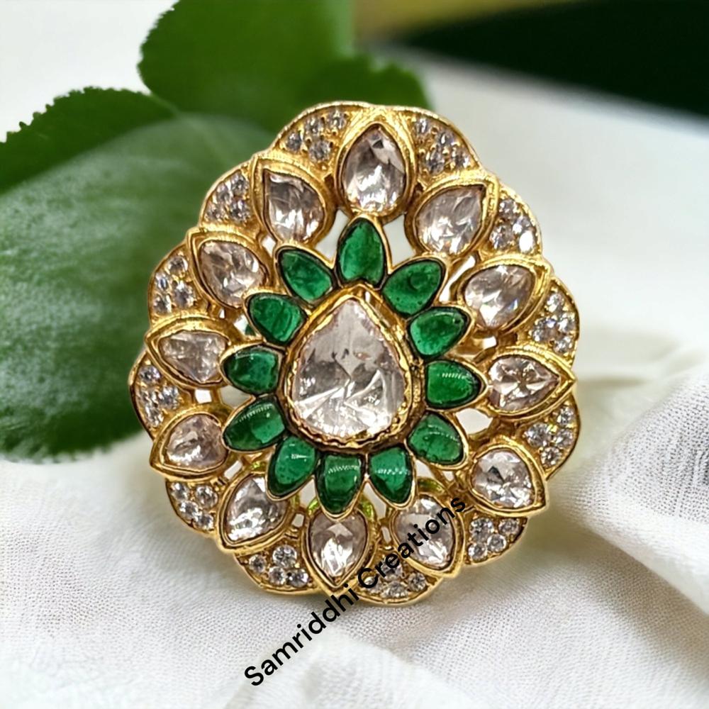 Emerald Polki Ring - 925 Sterling Silver, 1.80 Inches | Moissanite & Lab-made Emerald, Antique Gold Plating For Timeless Elegance