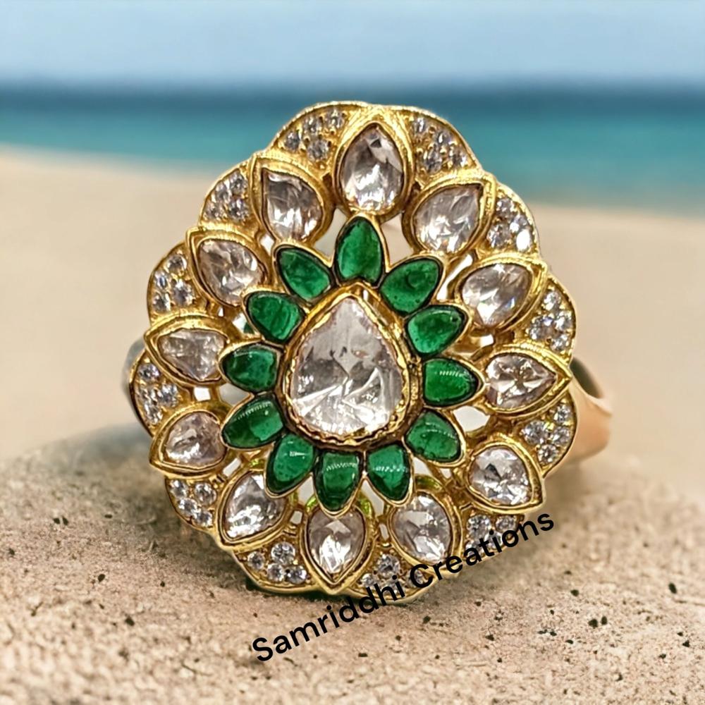 Emerald Polki Ring - 925 Sterling Silver, 1.80 Inches | Moissanite & Lab-made Emerald, Antique Gold Plating For Timeless Elegance