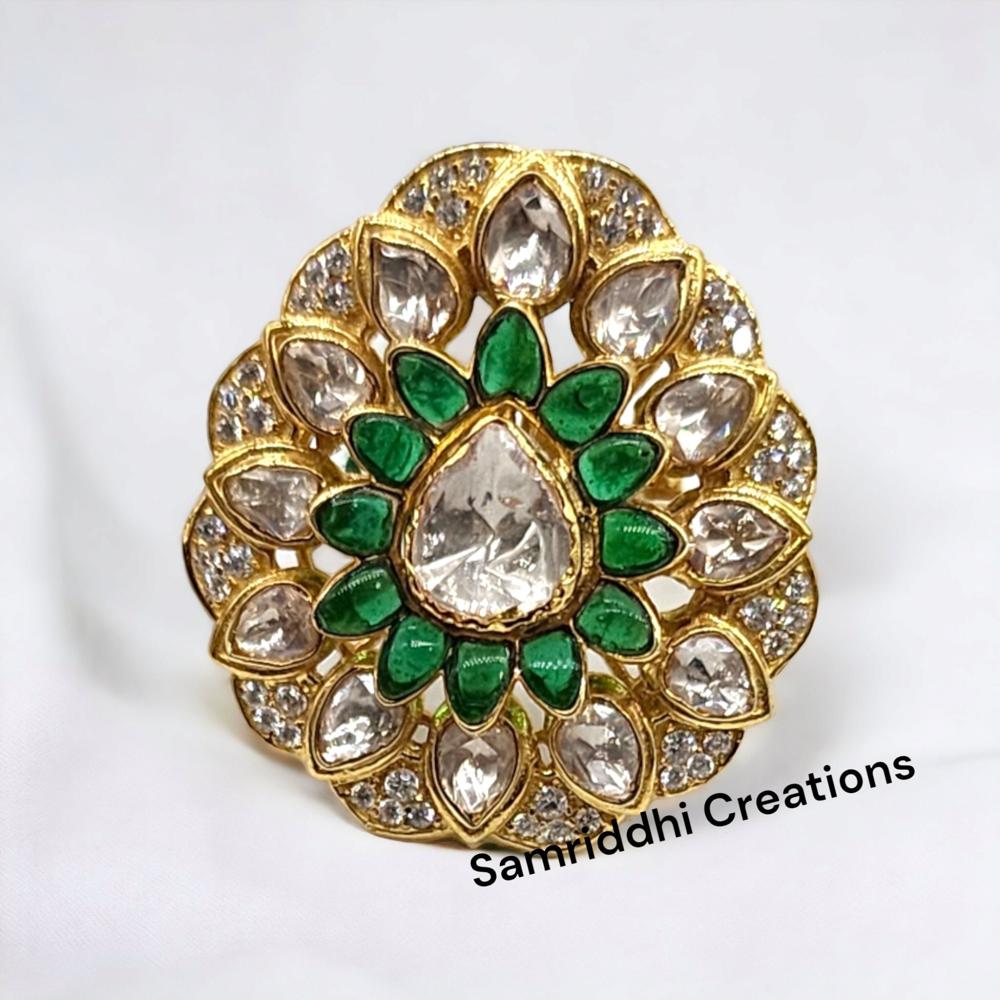 Emerald Polki Ring - 925 Sterling Silver, 1.80 Inches | Moissanite & Lab-made Emerald, Antique Gold Plating For Timeless Elegance