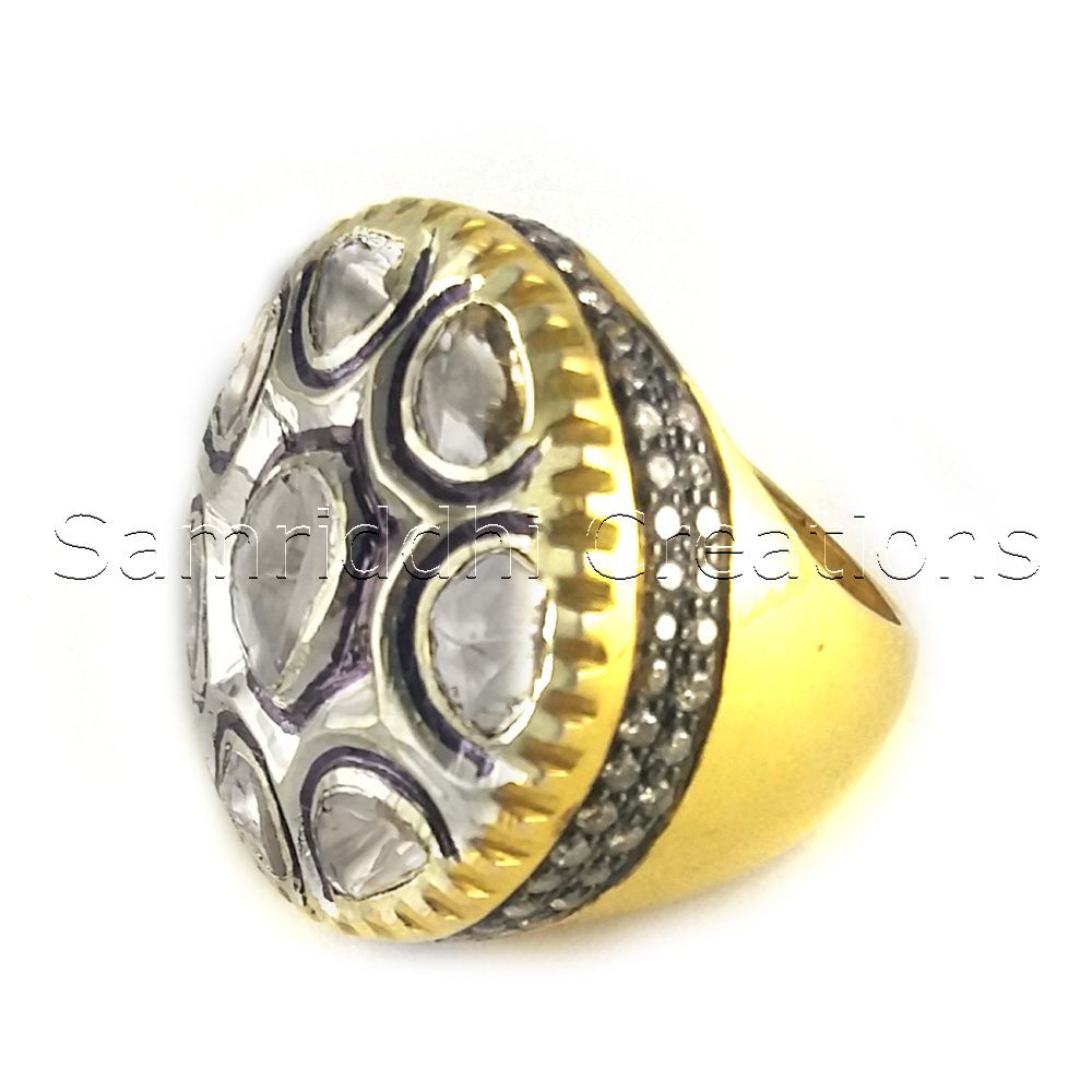Rose Cut Silver Ring - 925 Sterling Silver, Gold Plated, 1.40 Carats Of Rose Cut Diamonds | Custom Made, Ethically Sourced, Regal Mughal Design