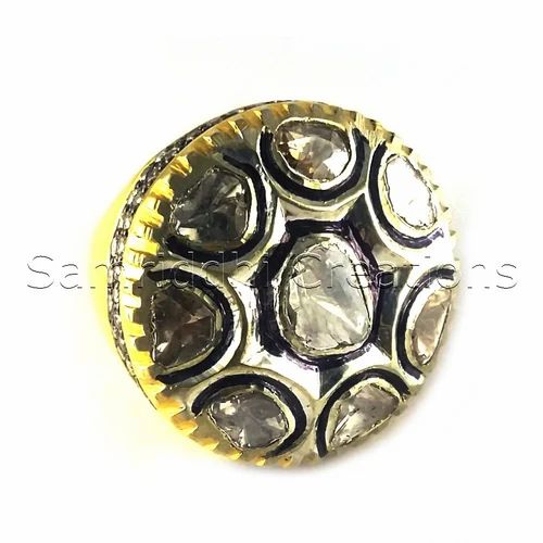 Rose Cut Silver Ring - 925 Sterling Silver, Gold Plated, 1.40 Carats Of Rose Cut Diamonds | Custom Made, Ethically Sourced, Regal Mughal Design
