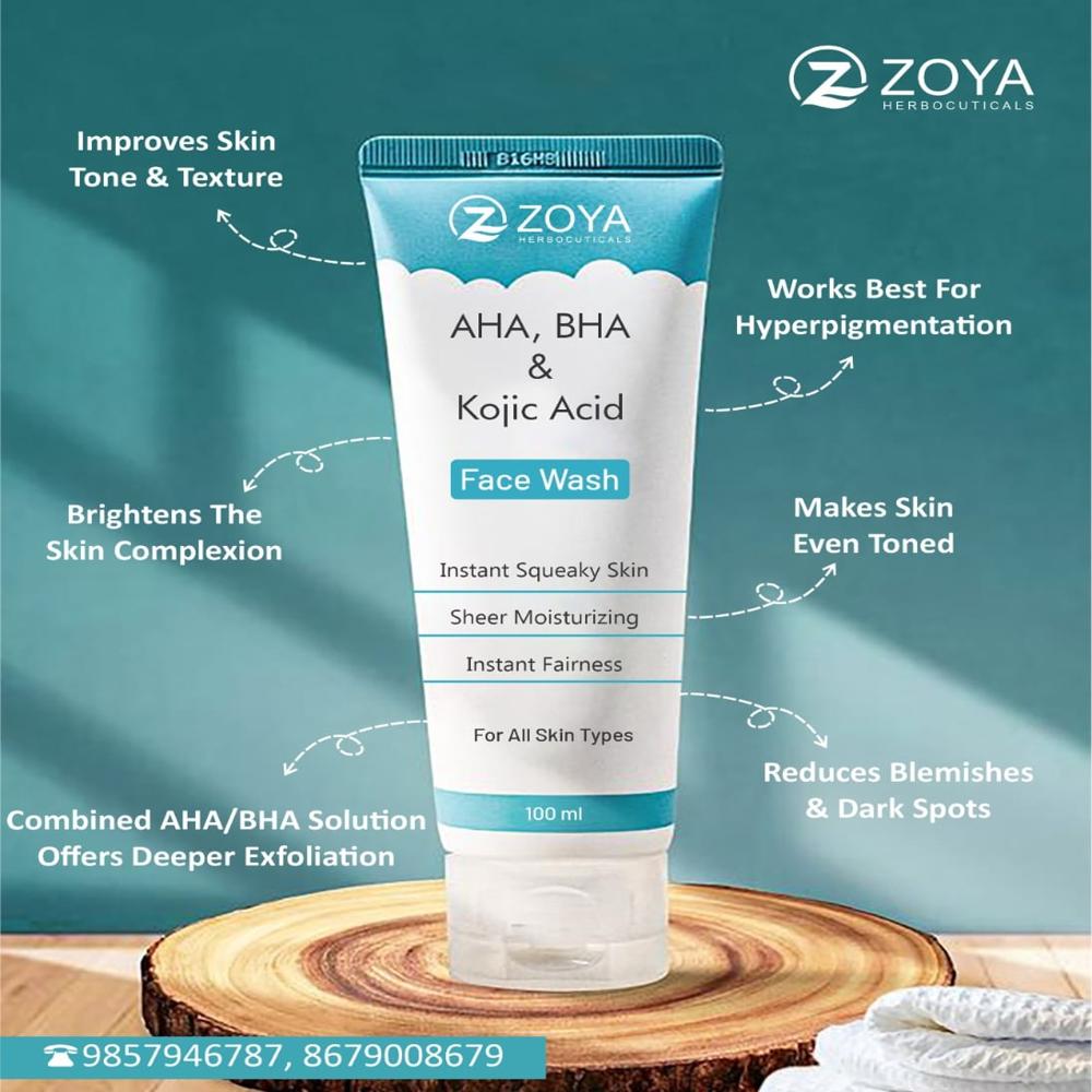 Aha, Bha & Kojic Acid Face Wash - Gentle Exfoliating Cleanser For All Skin Types | Brightens Complexion, Reduces Dullness & Unclogs Pores