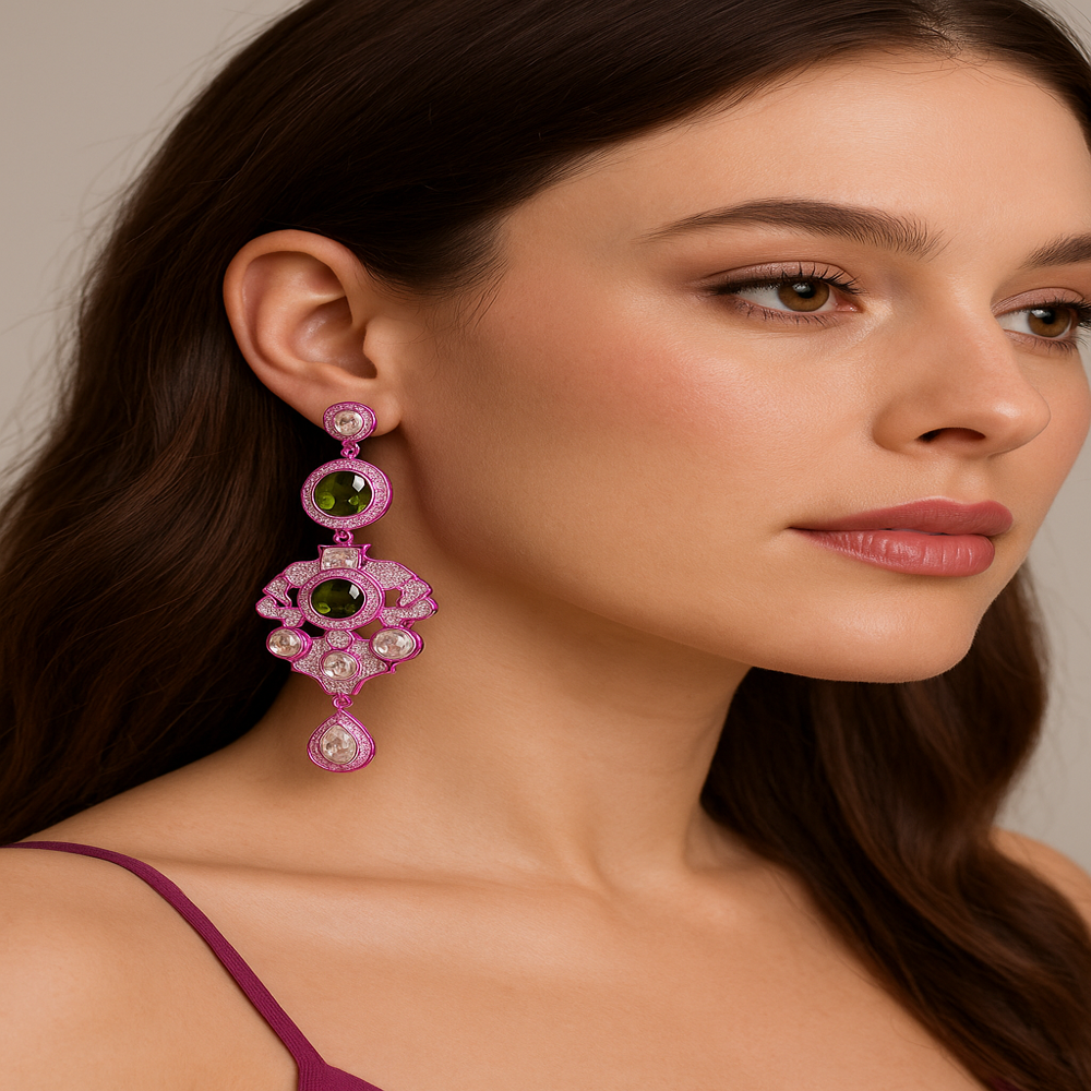 Modern Imitation Polki Earrings with Emerald-Colored Stones | Designer Statement Earrings for Men & Women | Handcrafted in India