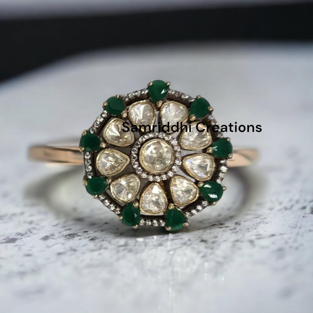 Polki Diamond Ring - 925 Sterling Silver, 1.50 Inch Diameter, 14.800 Grams | Moissanite & Emerald Gemstones, Skin-friendly, Handmade Heritage Design