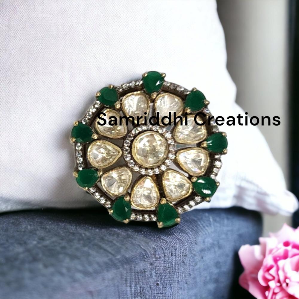 Polki Diamond Ring - 925 Sterling Silver, 1.50 Inch Diameter, 14.800 Grams | Moissanite & Emerald Gemstones, Skin-friendly, Handmade Heritage Design