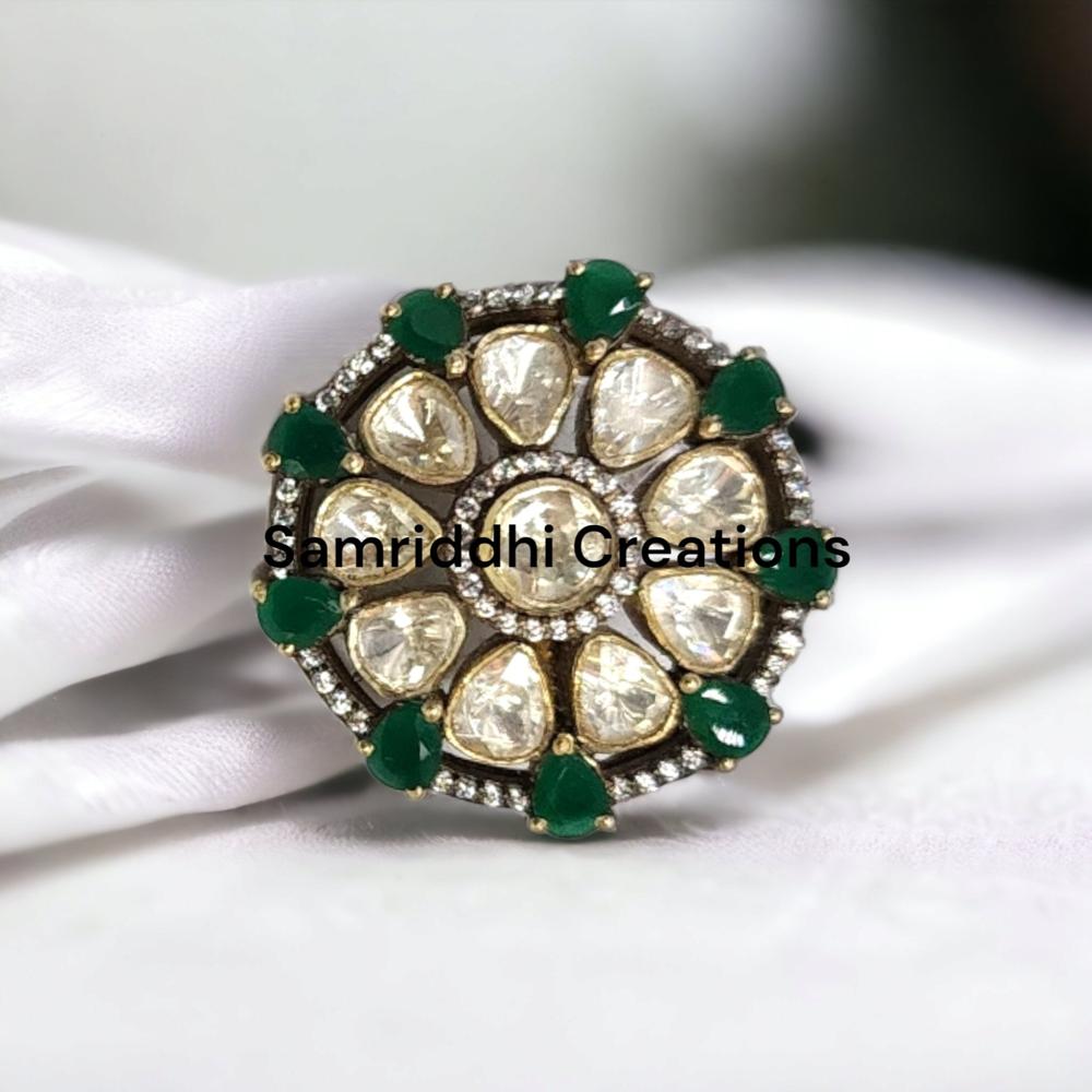 Polki Diamond Ring - 925 Sterling Silver, 1.50 Inch Diameter, 14.800 Grams | Moissanite & Emerald Gemstones, Skin-friendly, Handmade Heritage Design